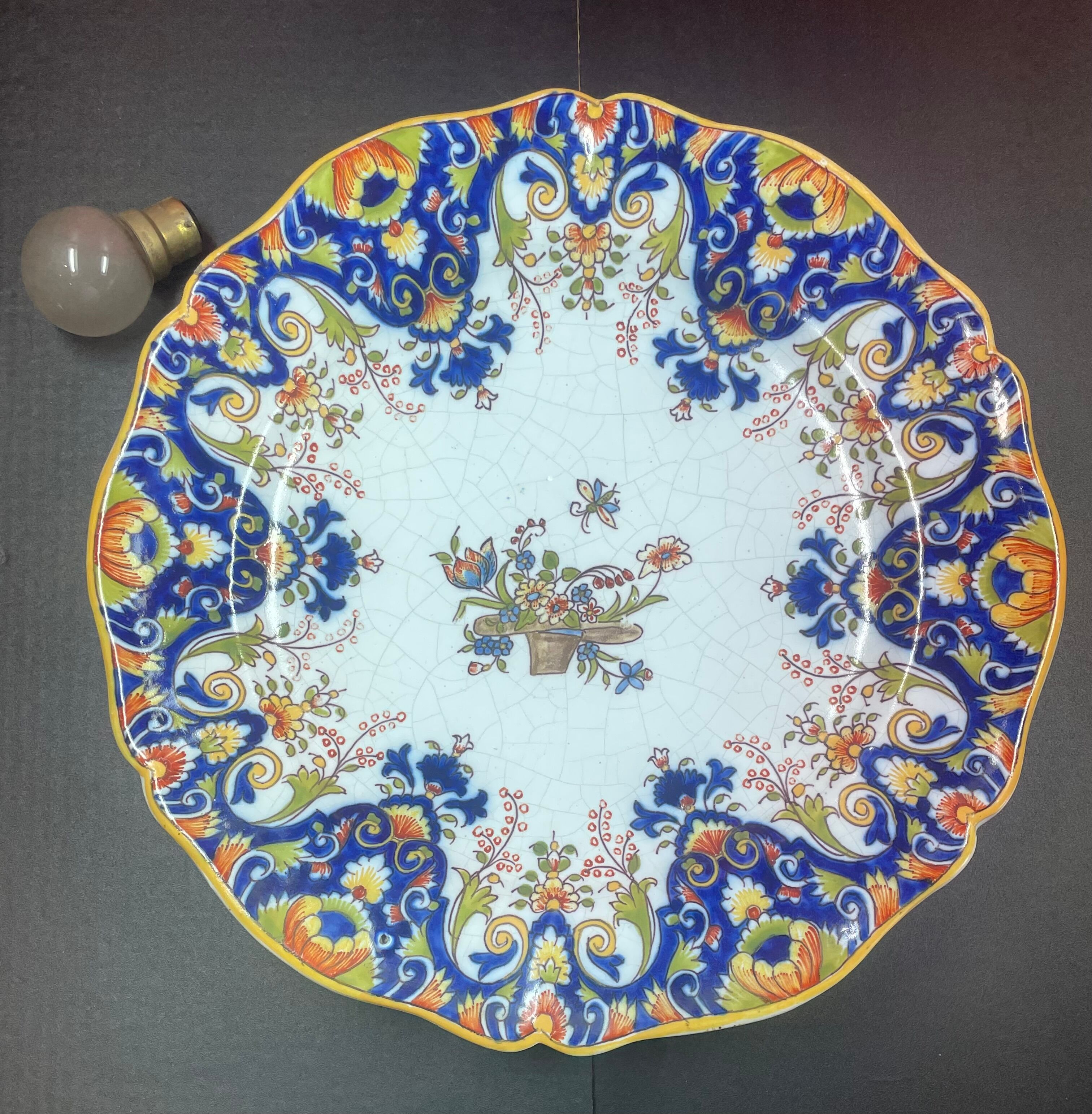 Faience dish of rouen -flower basket - ø 38 cm