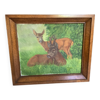 Tableau animalier biche cerf huile sur panneau