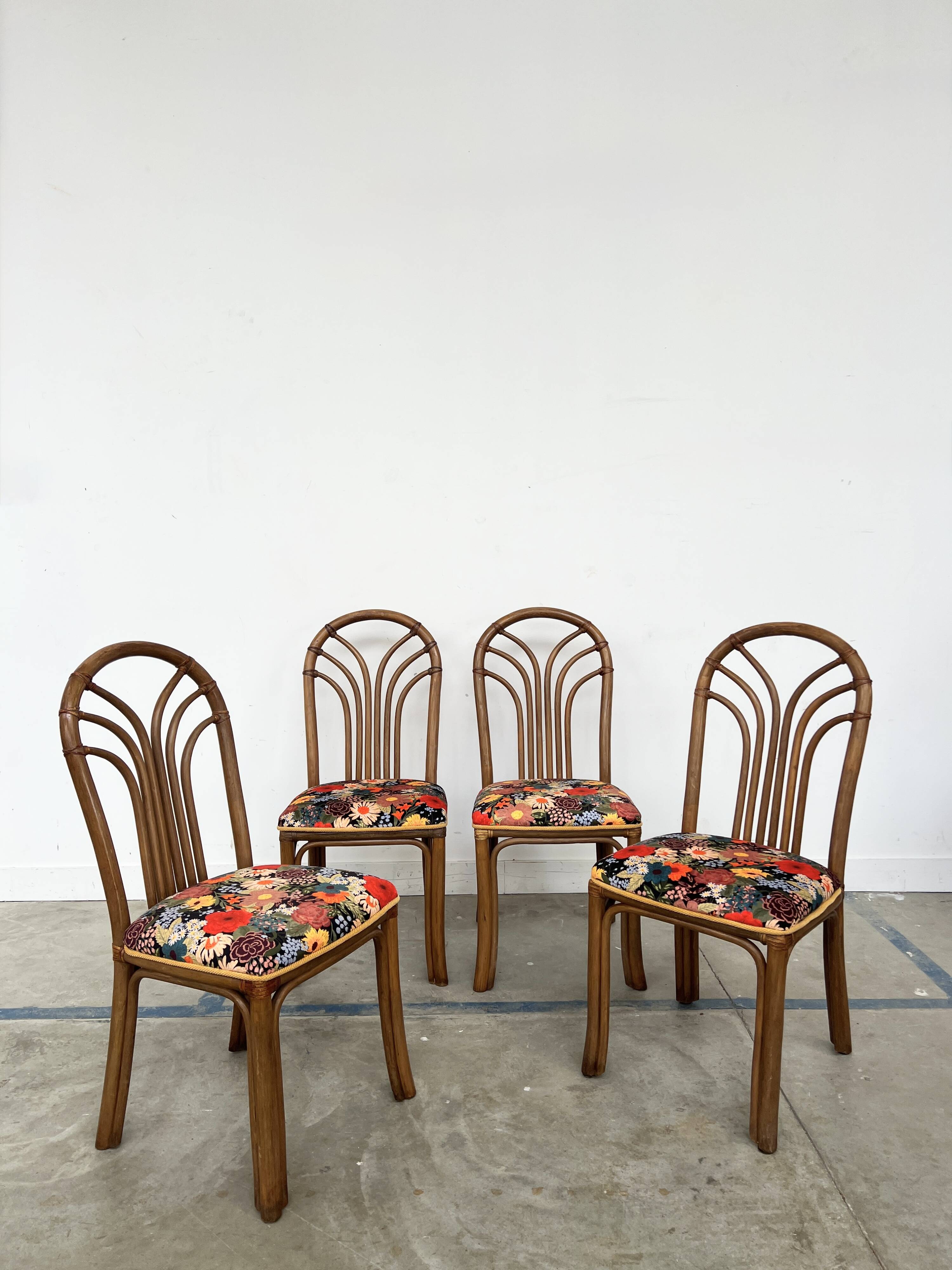 Set of 4 Rausch Rattan Curved Rattan Chairs - Floral Velvet Seats