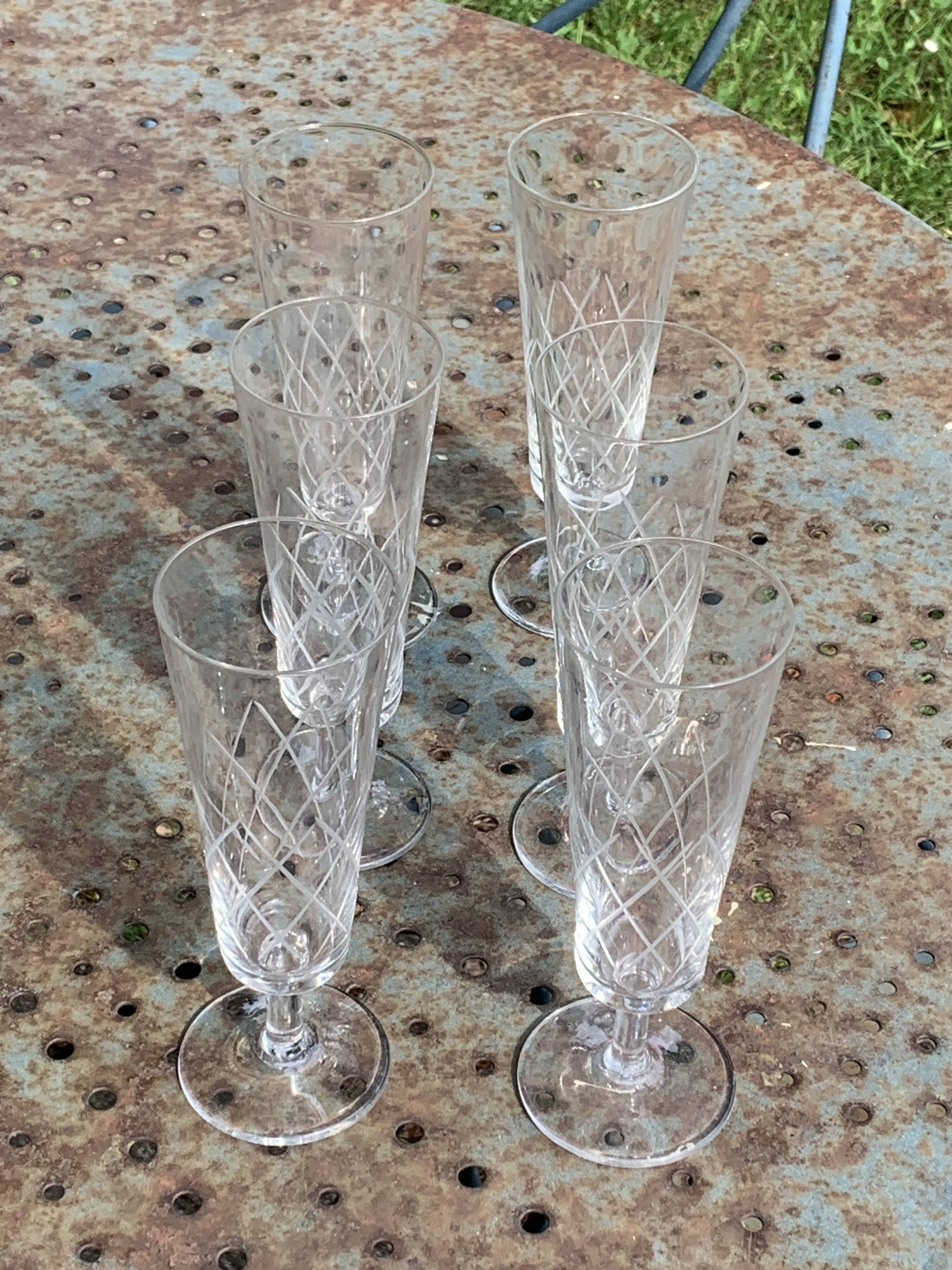 6 vintage clear chiseled crystal and glass champagne flutes