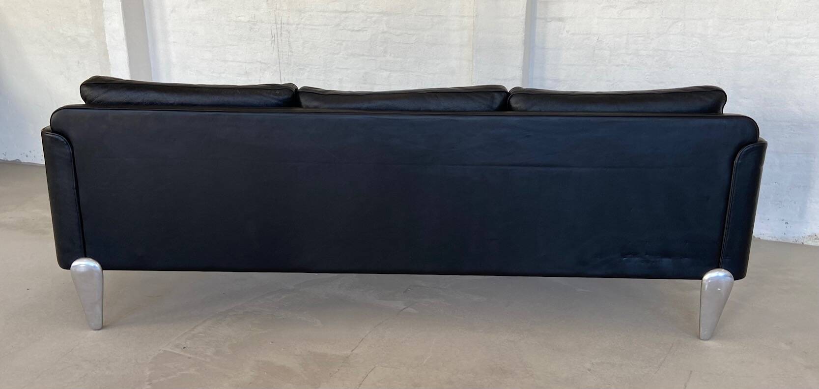Vintage danish soren holst black leather 3 seater sofa with aluminium legs