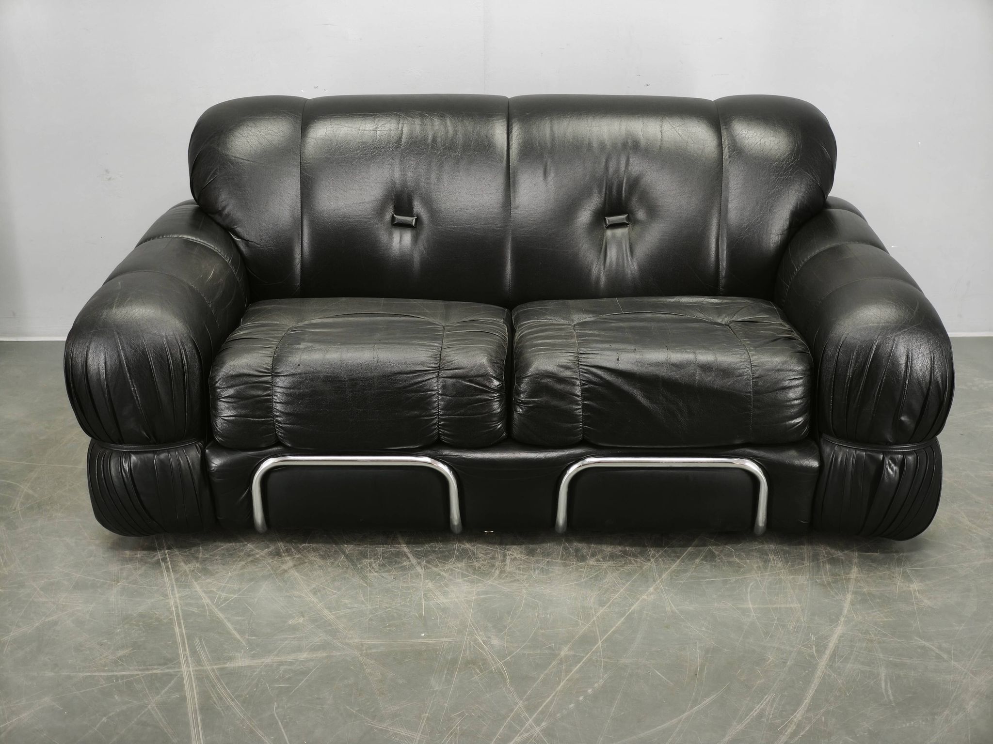 1970s Italian Two-Seat Sofa by Adriano Piazzesi in Chrome and Leatherette