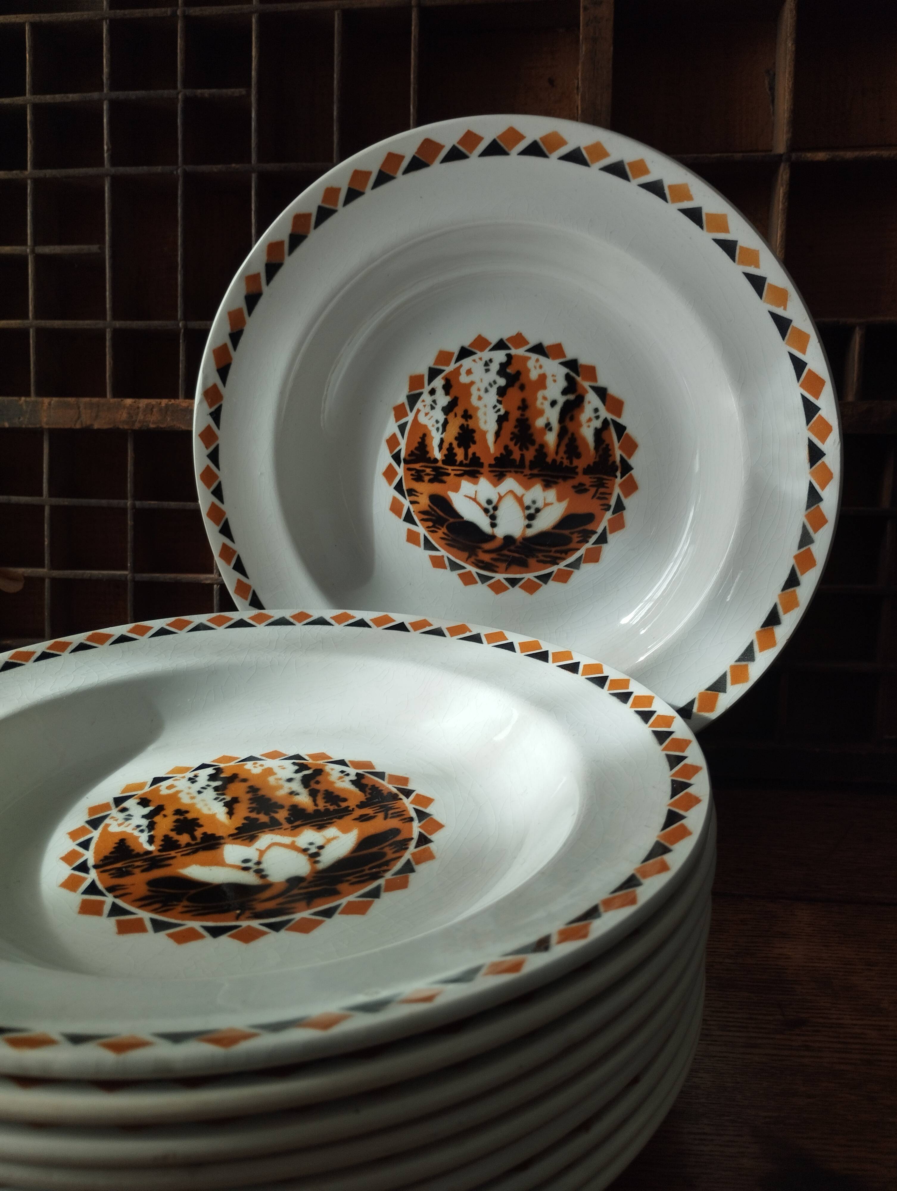 Set of 10 large ironstone plates Art Deco Saint-Amand Water Lily