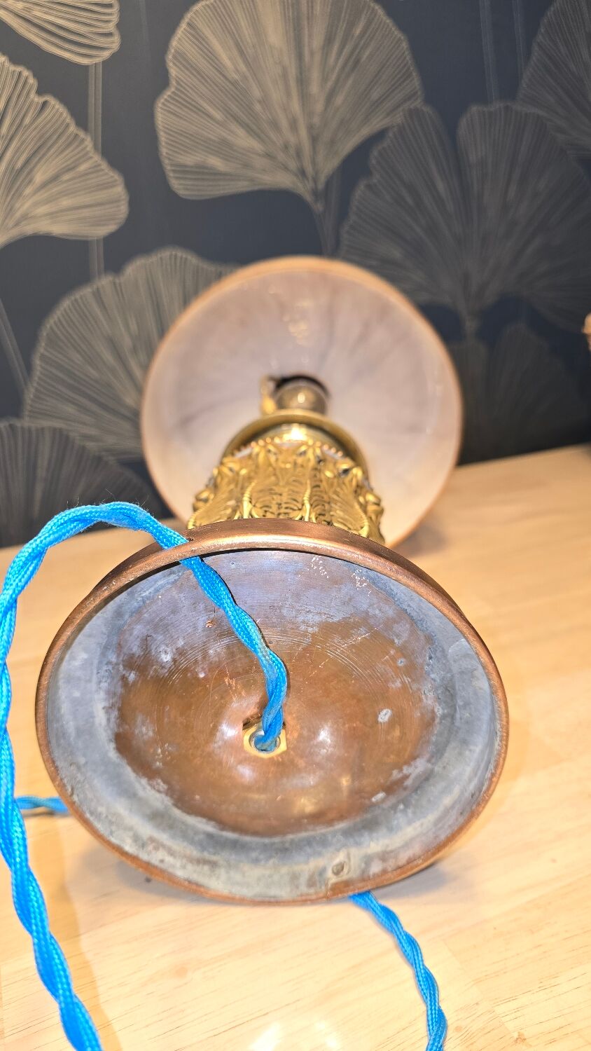 lamp 1900 brass bronze wood, marbled opaline shade 43x23 inter with dash