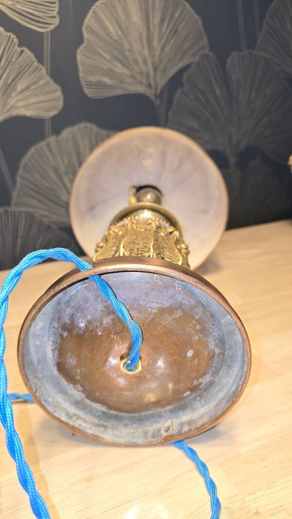 lampe 1900 laiton bronze bois, abat jour opaline marbré 43x23 inter a tiret