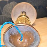 lamp 1900 brass bronze wood, marbled opaline shade 43x23 inter with dash