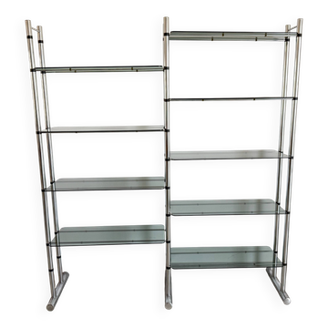 Double étagère bibliothèque chrome et verre des années 70'