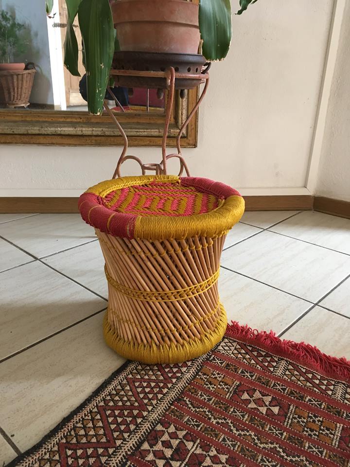 Indian stool style bohemian, bamboo natural and sitting in two-tone cotton
