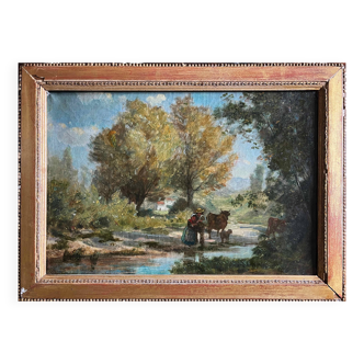 Painting hst xix° animated landscape (camargue - gardian?) signed