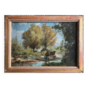 Tableau hst 19th century animated landscape (Camargue - guardian?) signed