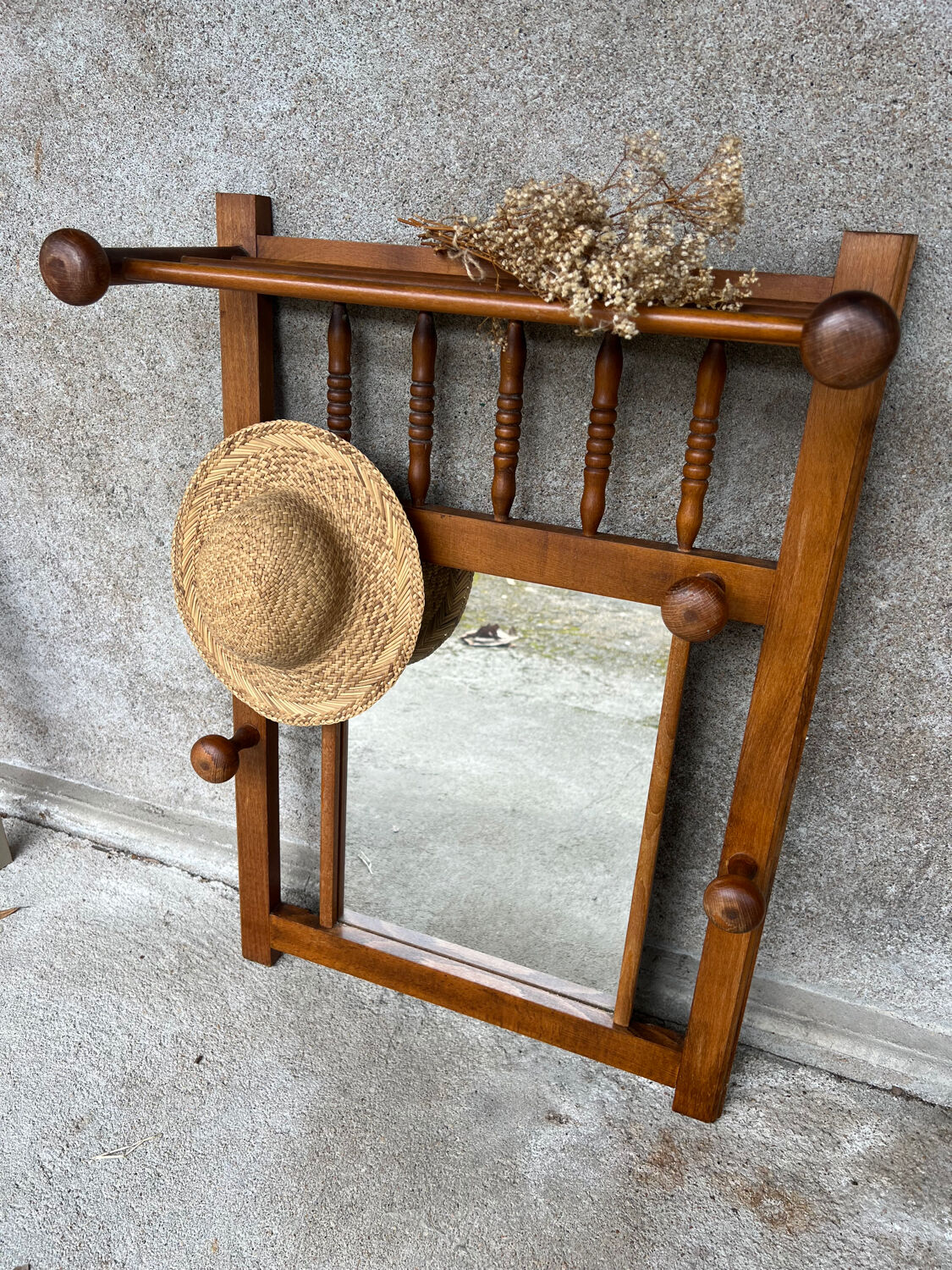 Wooden coat rack with mirror