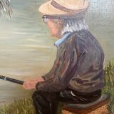 Tableau pêcheur à la ligne huile sur toile signée