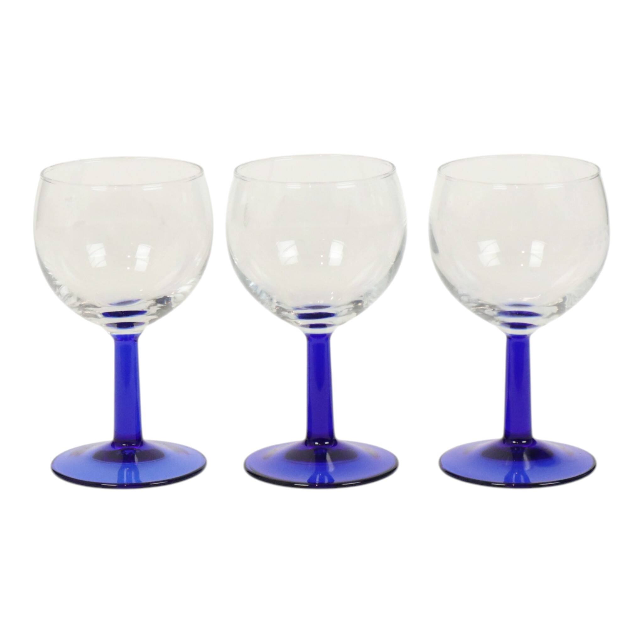 Set of Arcoroc Wine Glasses Cobalt Blue Base France 1980s