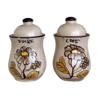 Set of 2 vintage ceramic sugar and coffee condiment pots with stoneware effect