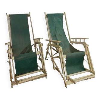Pair of old 20th century lacquered wood deckchairs