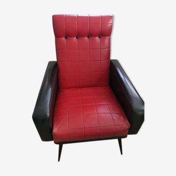 Fauteuil vintage années 50 en skaï rouge et noir