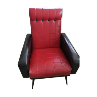 Fauteuil vintage années 50 en skaï rouge et noir