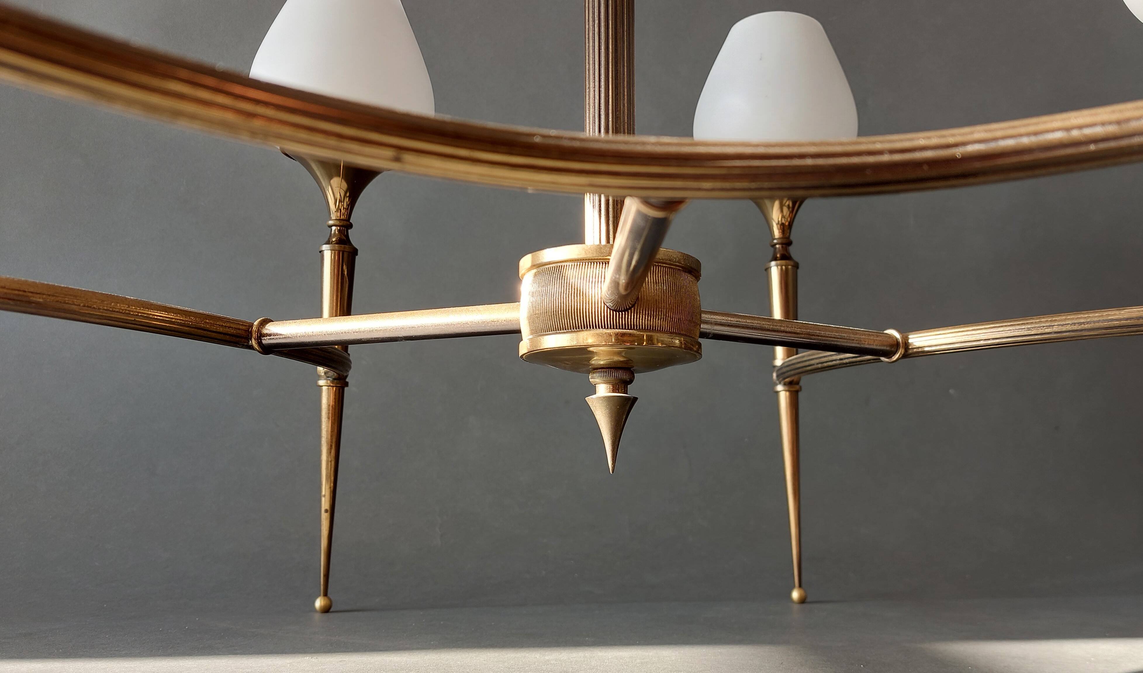 Chandelier in gilded brass and white opalines with 6 lights 1960.