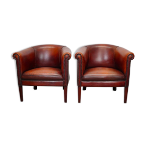 Paire de fauteuils club vintage en cuir cognac Pays-Bas