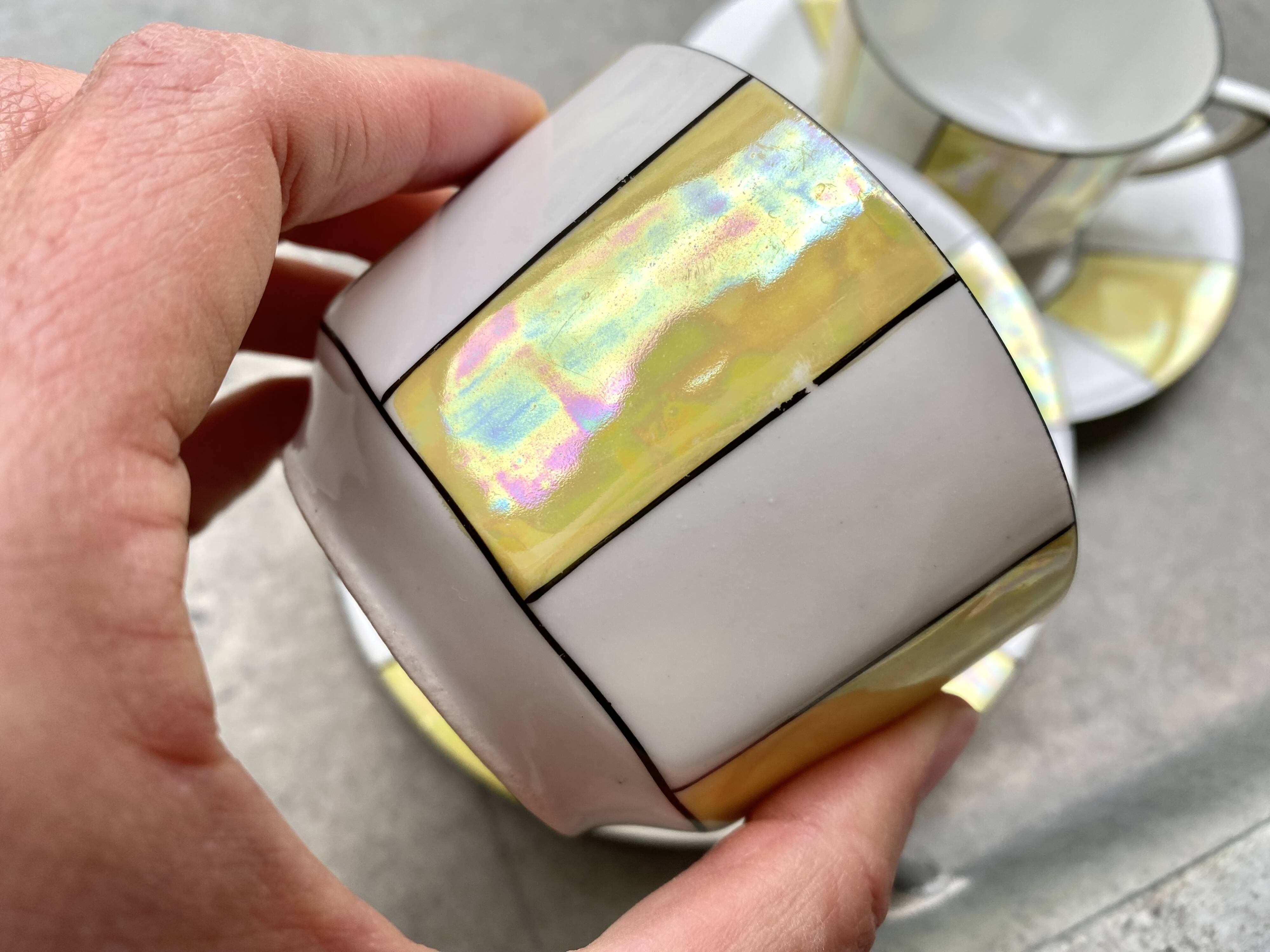 60s striped iridescent porcelain coffee service, 2 cups + 2 vintage saucers