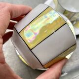 60s striped iridescent porcelain coffee service, 2 cups + 2 vintage saucers