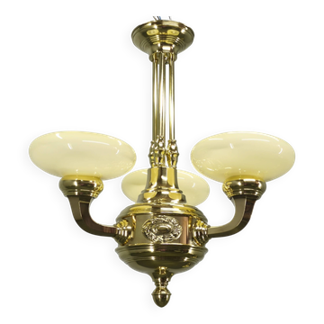 Neoclassical Art Deco Brass Chandelier, Czechoslovakia, 1930s