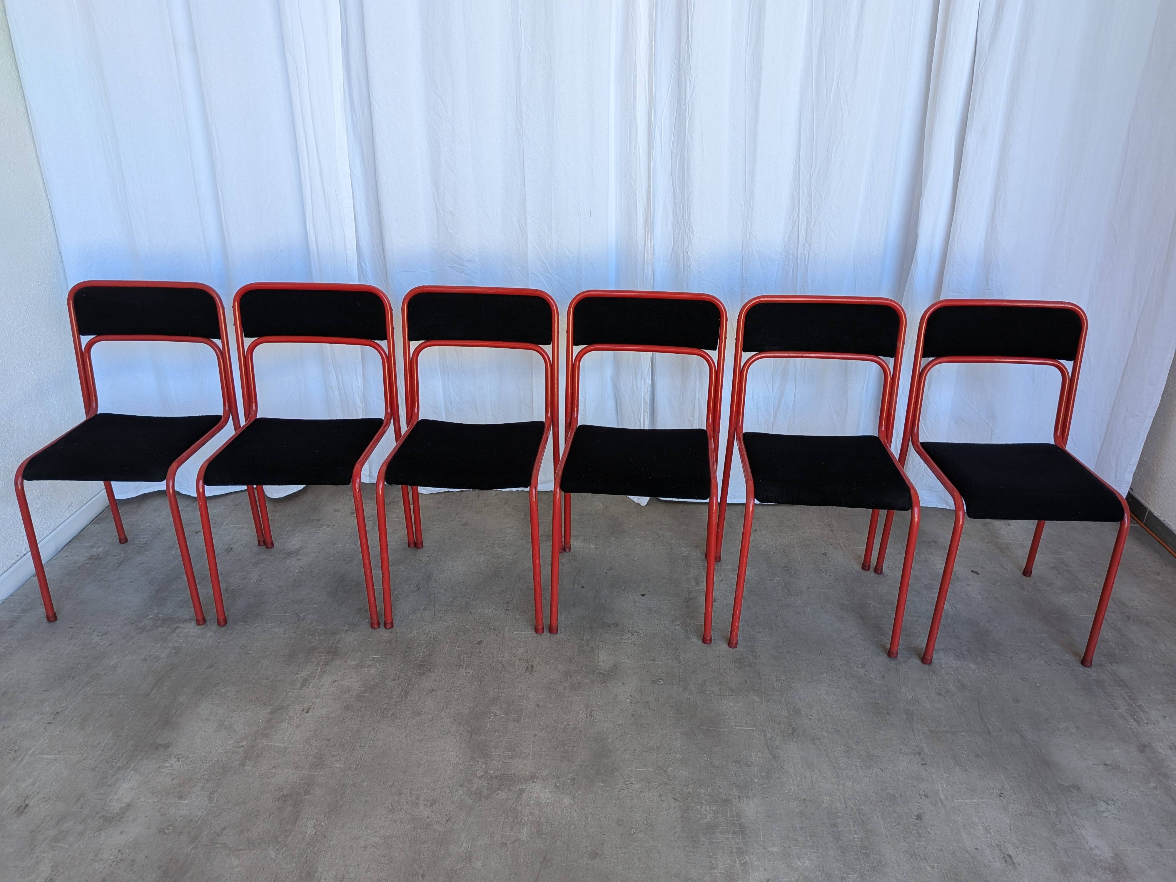 Set of 6 red & black metal chair: space age stackable dining chair baša