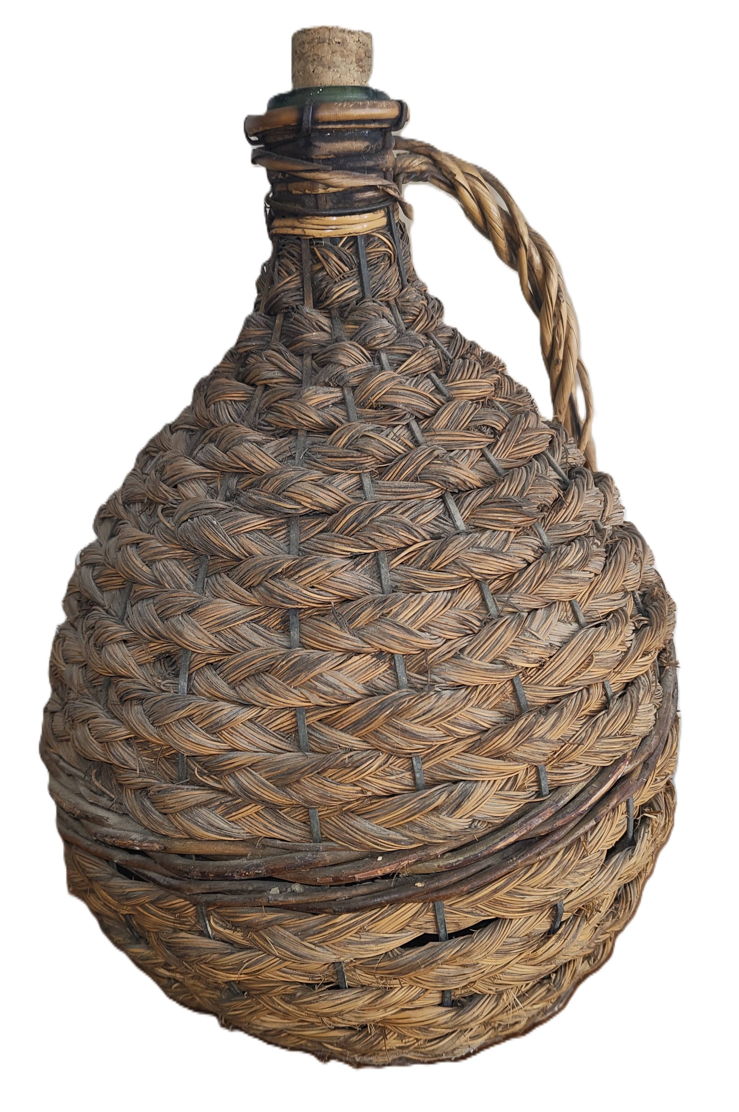 Old Woven Dame-Jeanne with Handle and Cork Stopper