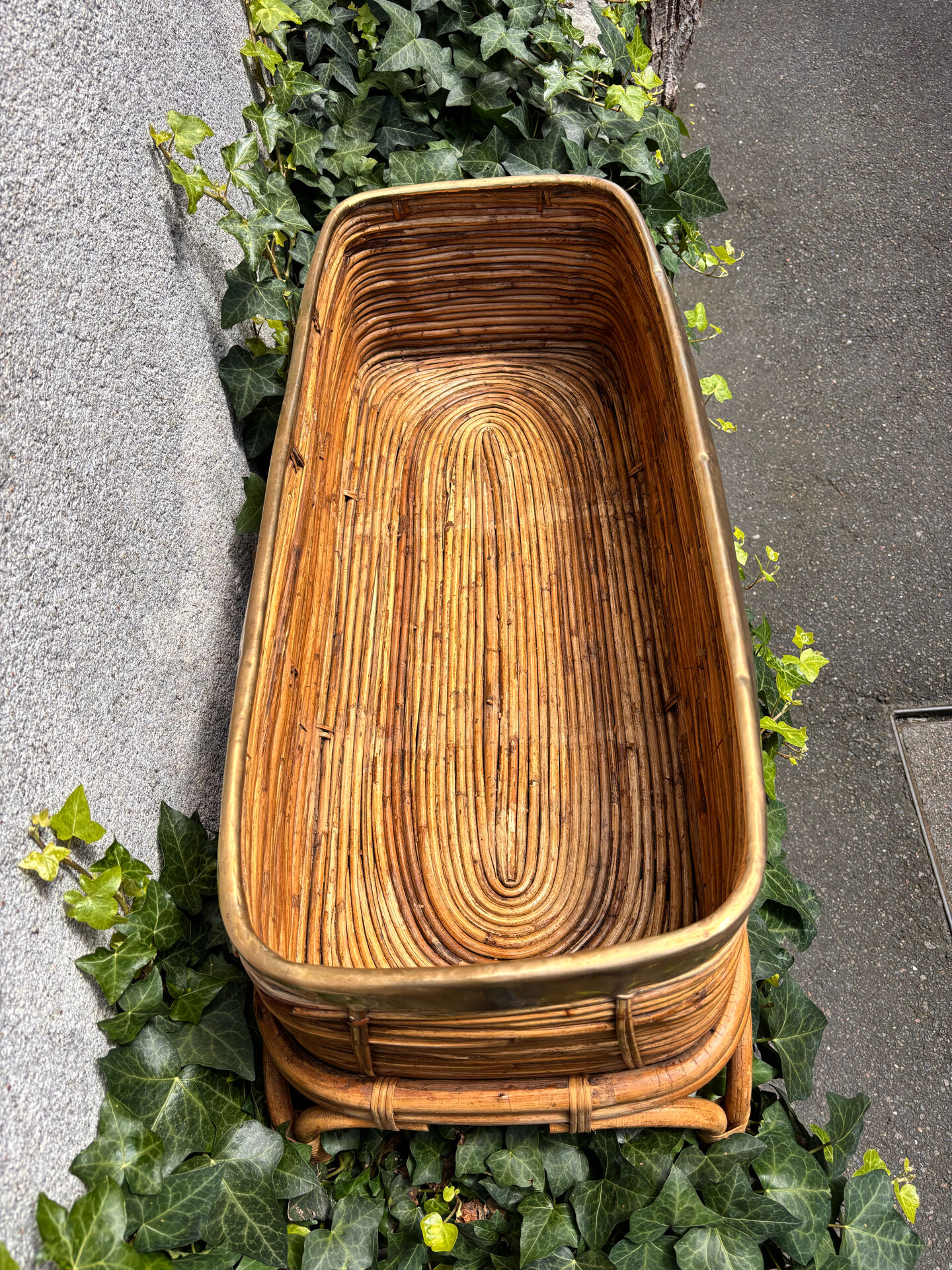 Rattan and bamboo planter, 60s, Gabriella Crespi style. Rare.