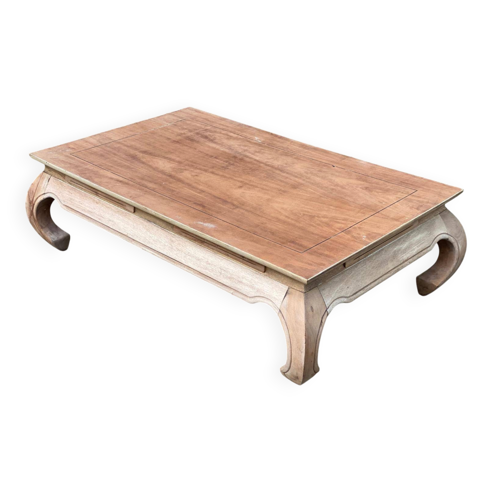 Decapitated opium coffee table in raw wood from the 90s.