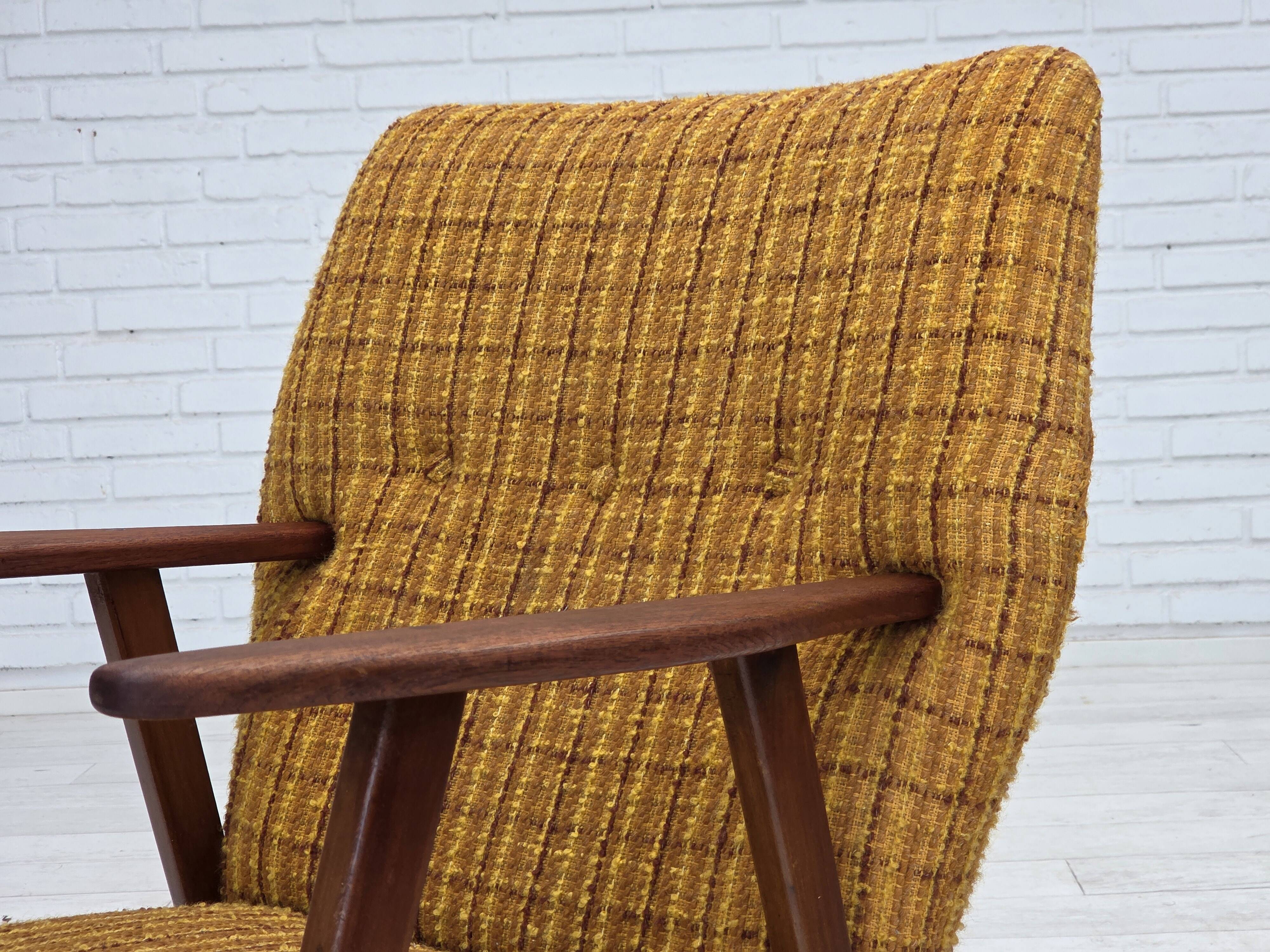 1960s, Danish armchair, furniture wool fabric, teak wood, oak wood.