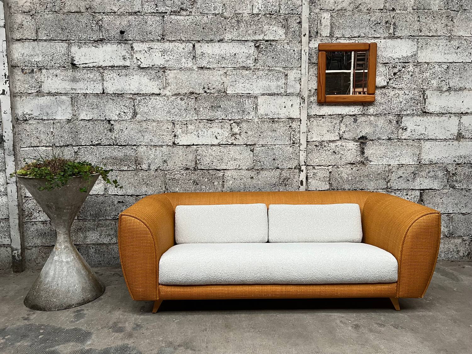 Vintage rattan sofa design 1970 ecru French terry fabric