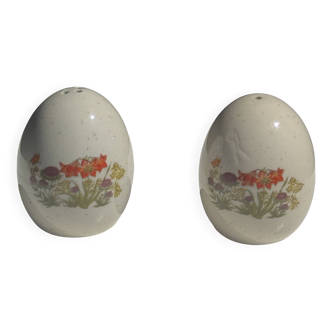 Paire de salières œuf beige à motif de fleurs oranges