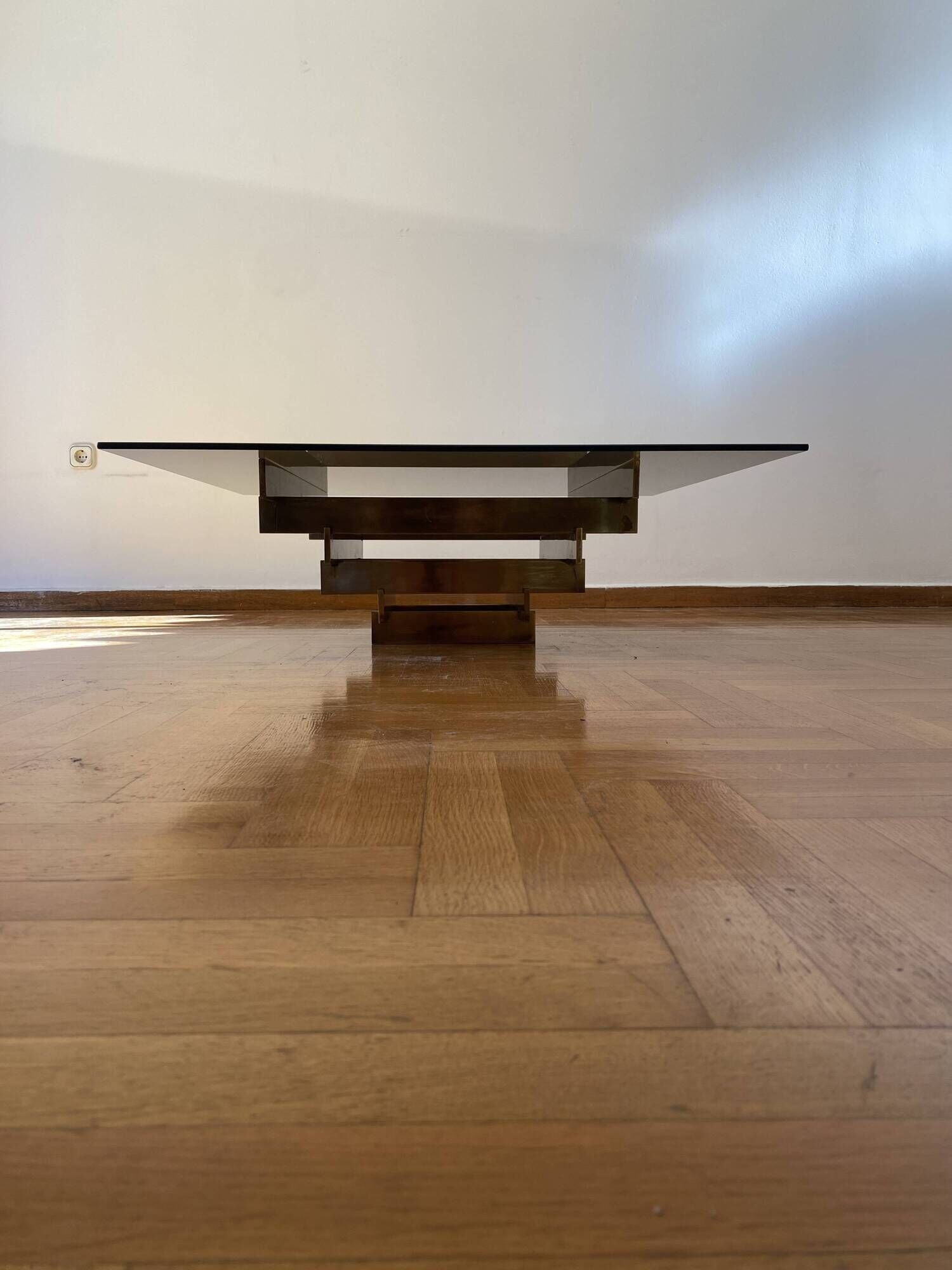 Vintage 1970s Square Coffee Table in Brass and Smoked Glass, David Hicks