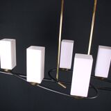 Chandelier of Maison Arlus, in black and gold metal and six rectangular opalines