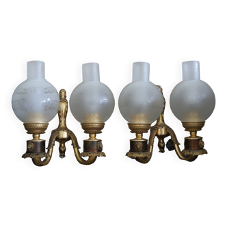 Pair vintage 1960 french brass metal lion head wall lights sconces glass globe