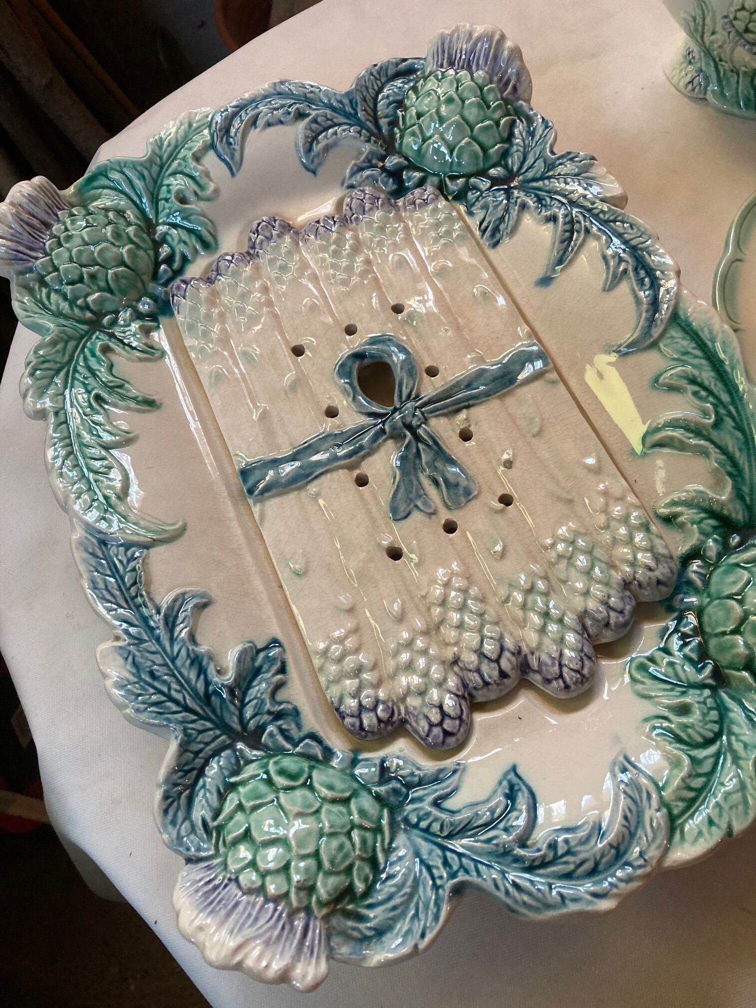 Vintage asparagus dish and sausage