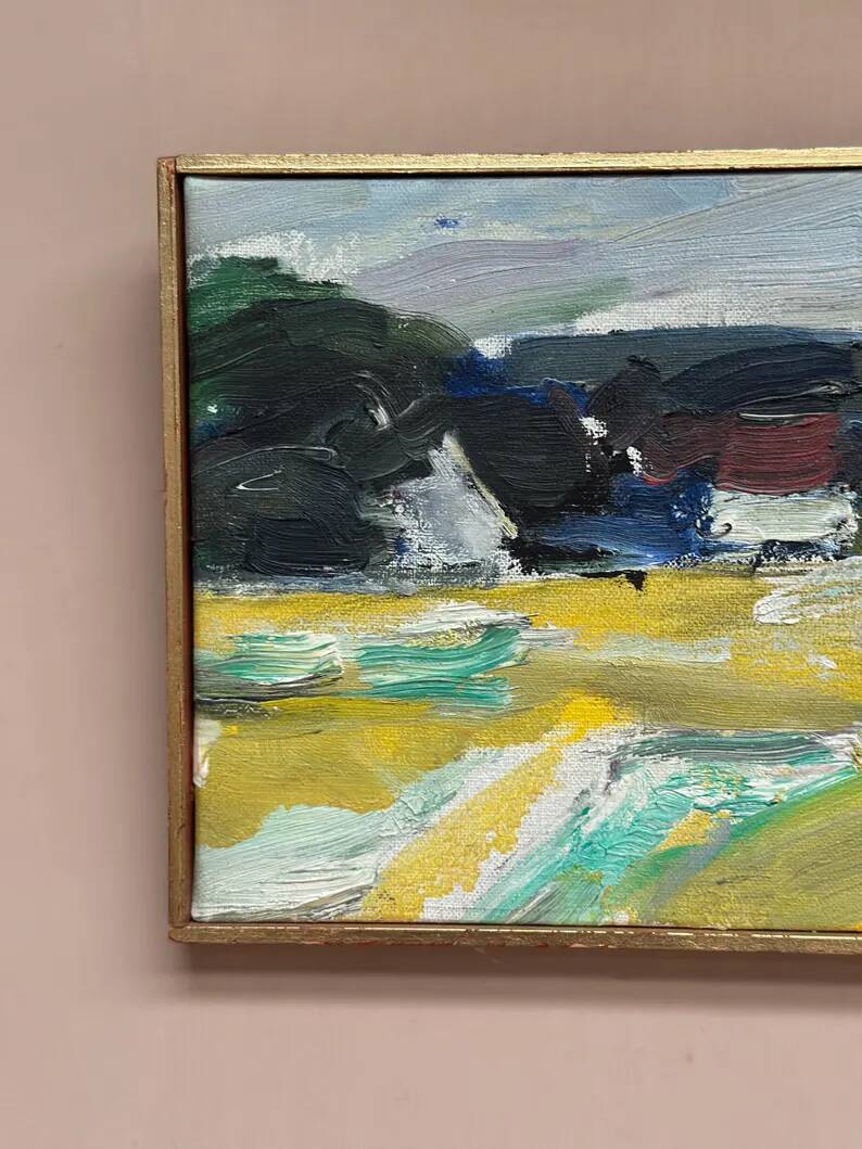 Original Swedish Oil on Canvas – “Houses” by T. Örn 1970 – Vintage & Framed