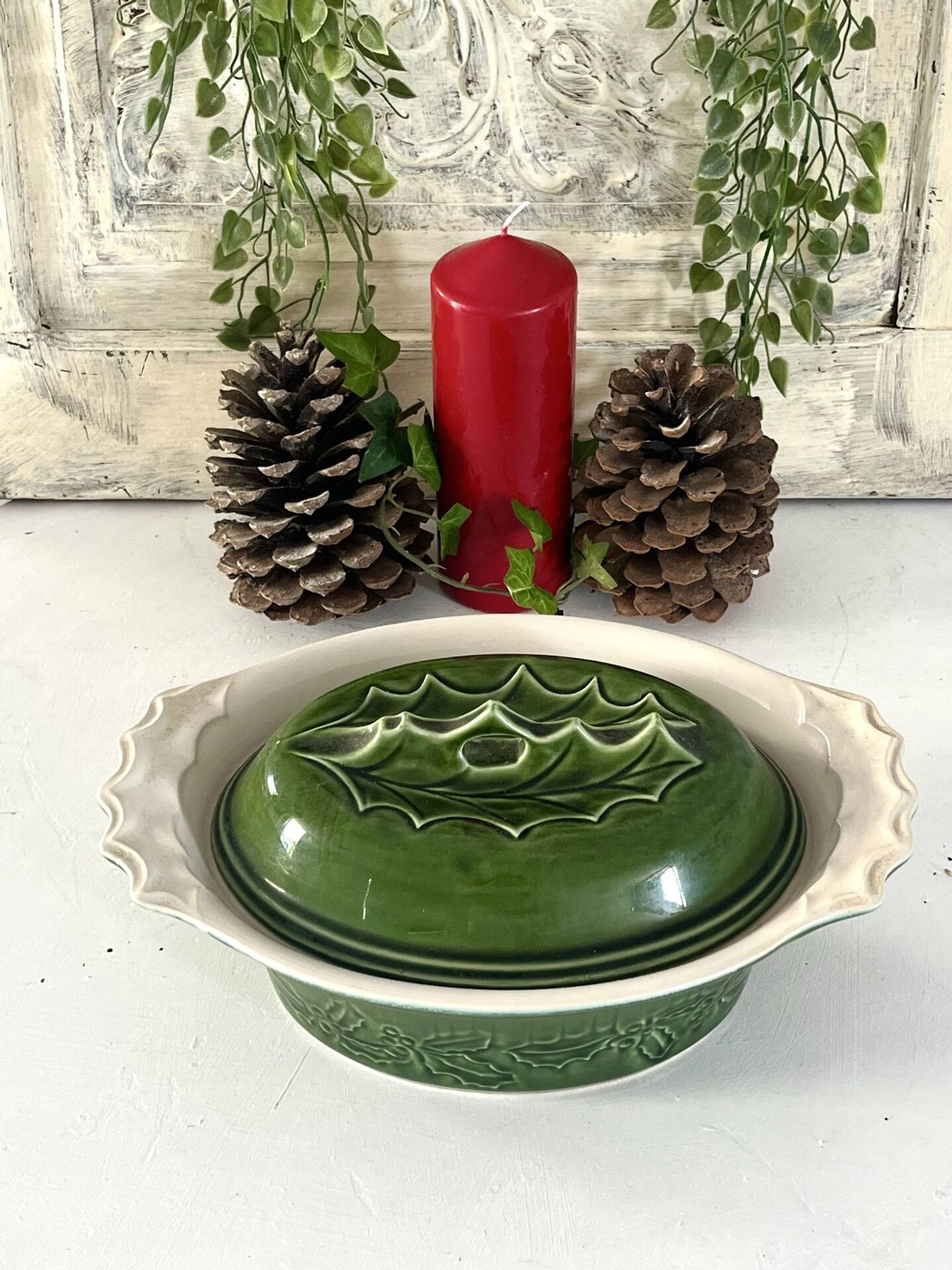 Christmas Terrine with Holly Lid, Green Ceramic Serving Dish, Vintage