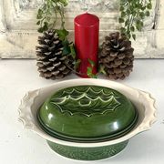 Christmas Terrine with Holly Lid, Green Ceramic Serving Dish, Vintage