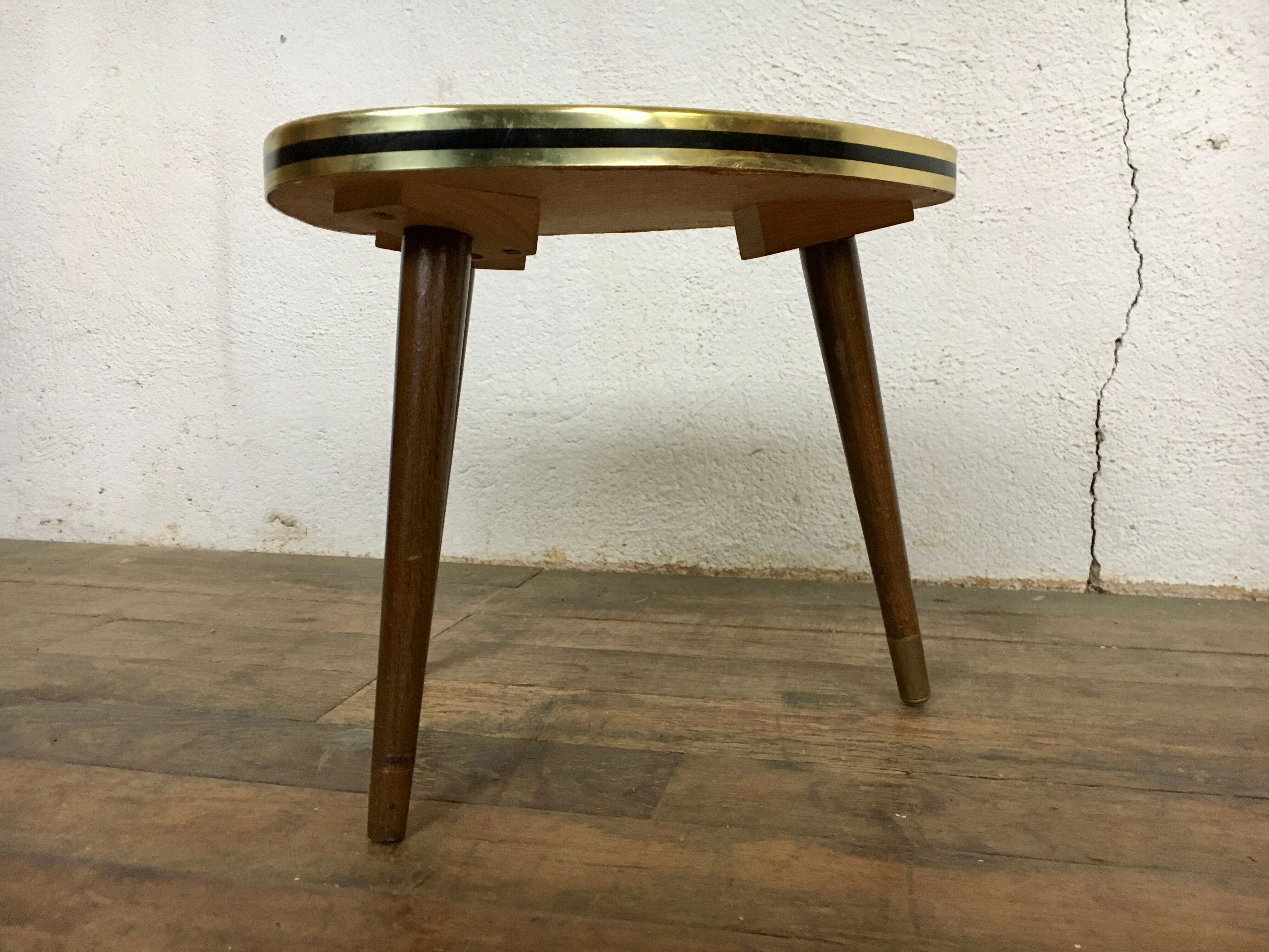 Small triangular table coffee table birds vintage flowers tripod door plant midcentury 1950