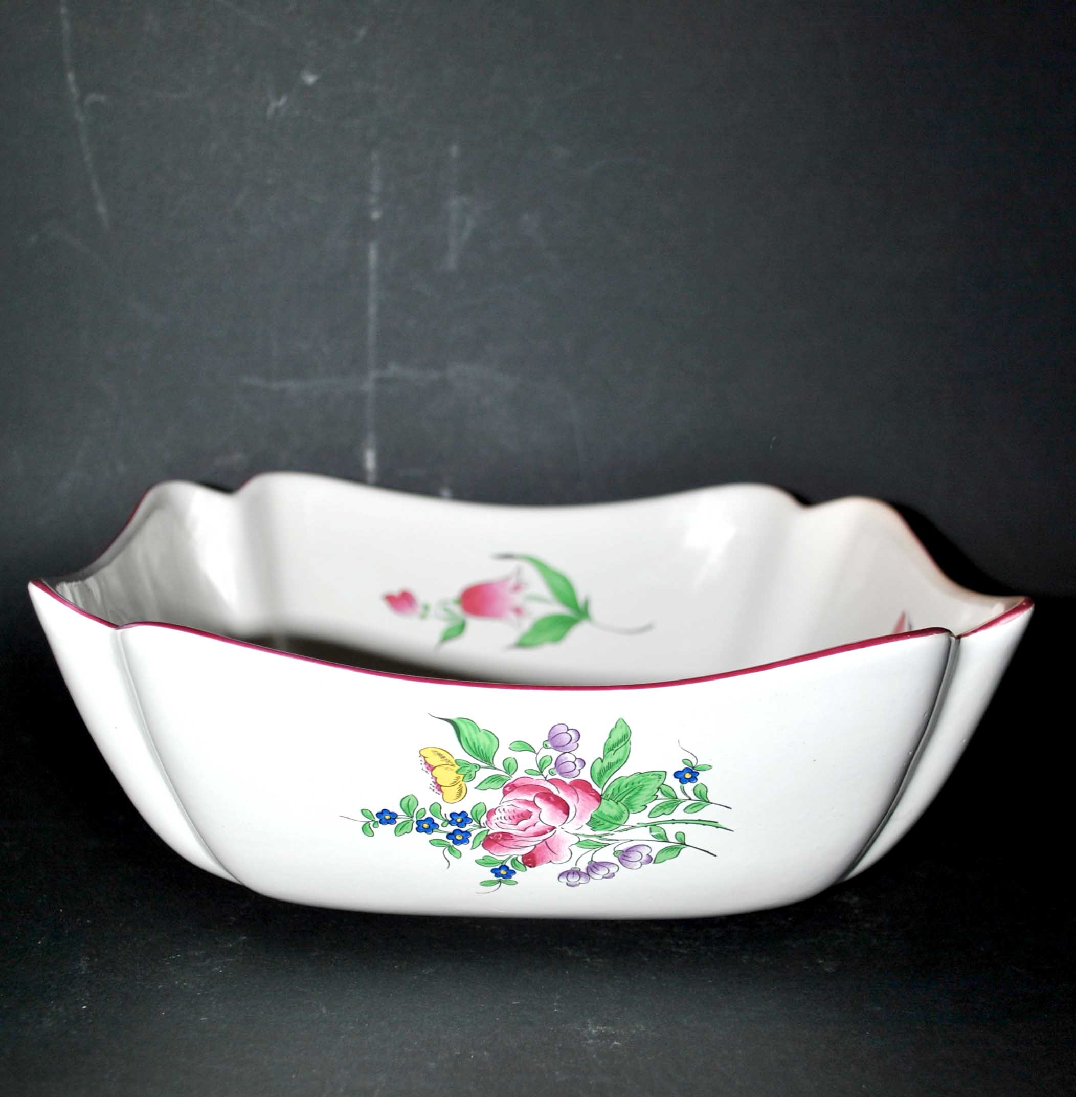 Salad bowl square cut floral vintage earthenware KG LUNEVILLE model Lamppost polychrome