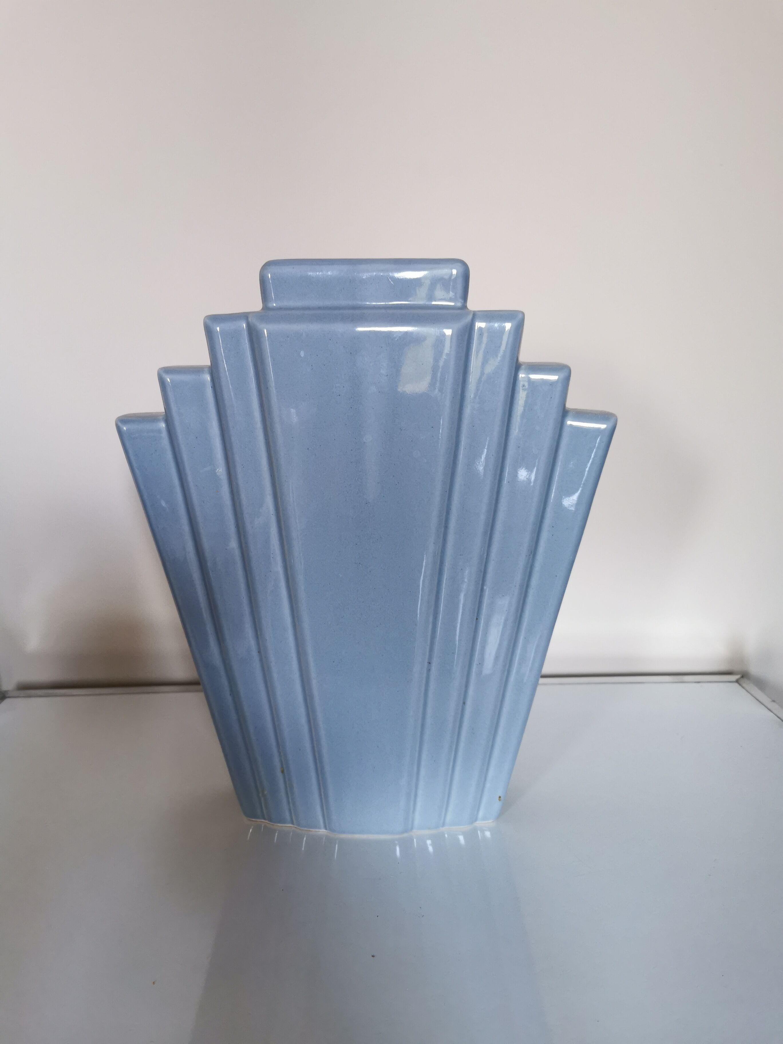 Grey ceramic art deco vase, fan shape.
