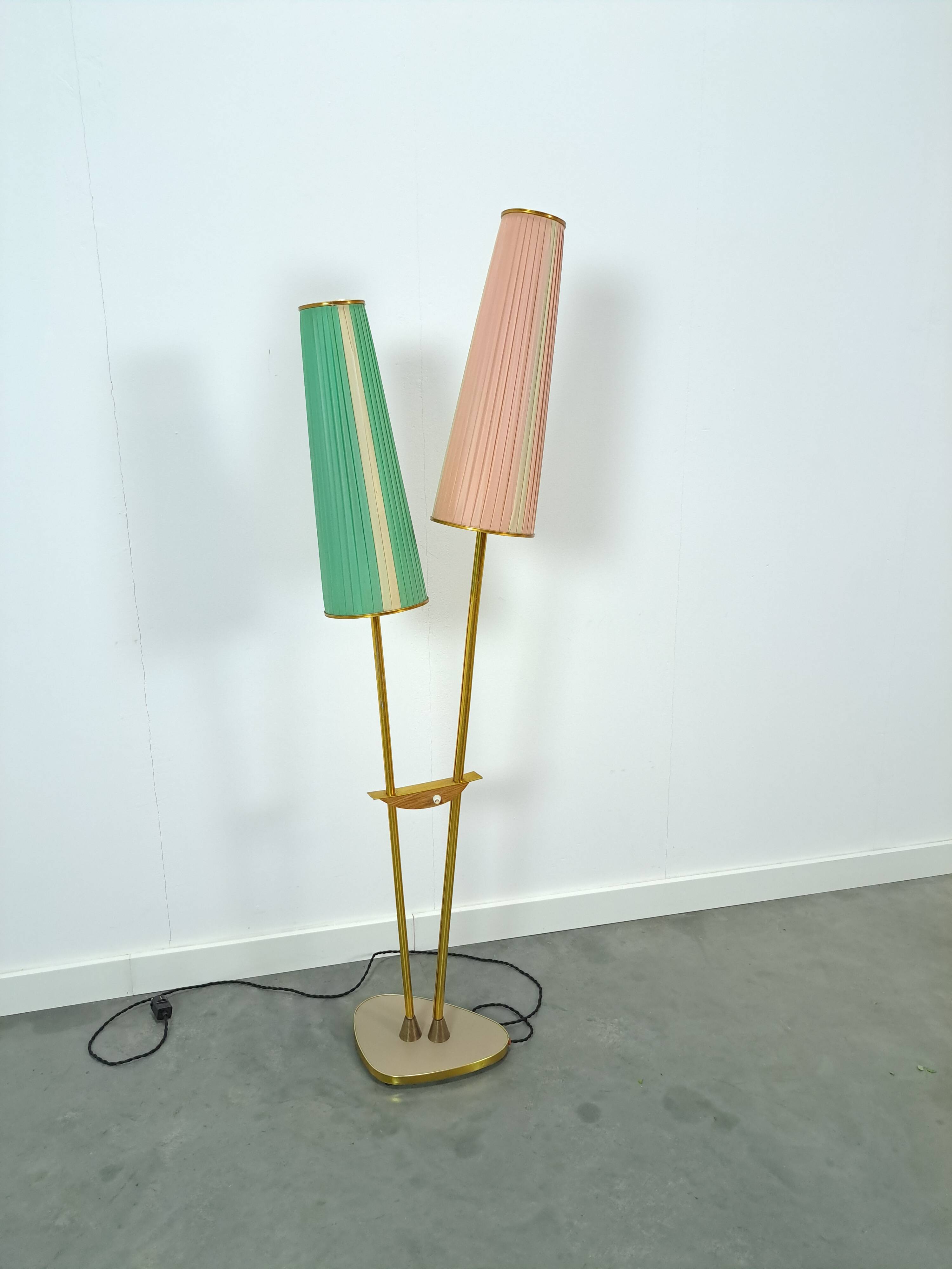 1950s floor lamp with pink and green shade and gold-coloured legs