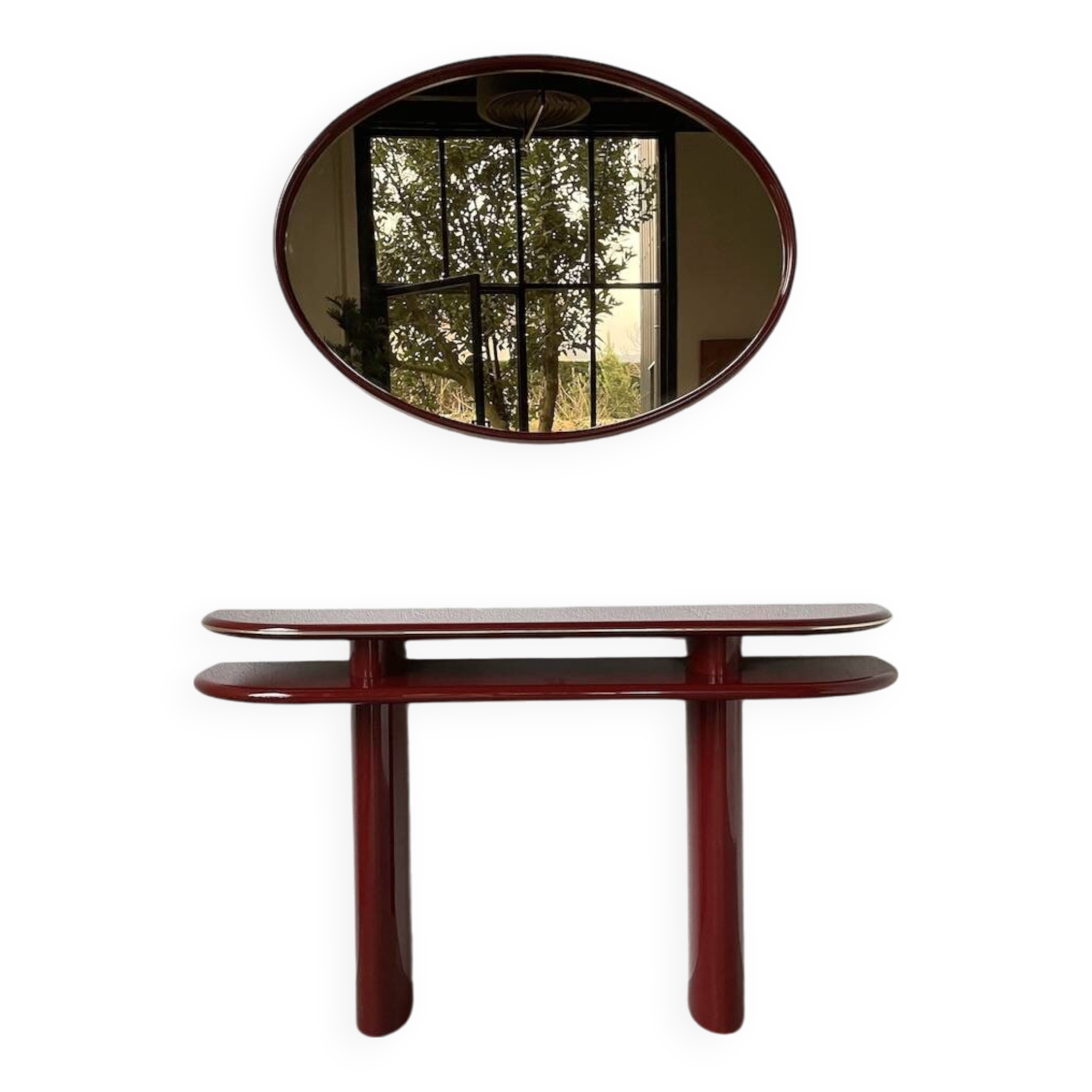 Red lacquered console and its mirror from the 80s