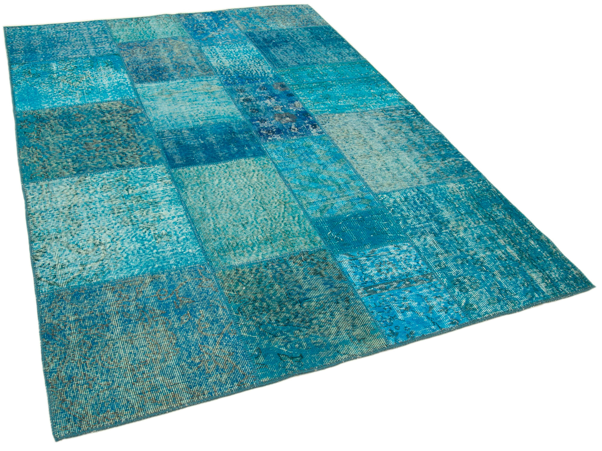 Hand-knotted oriental overdyed 170 cm x 244 cm turquoise patchwork rug