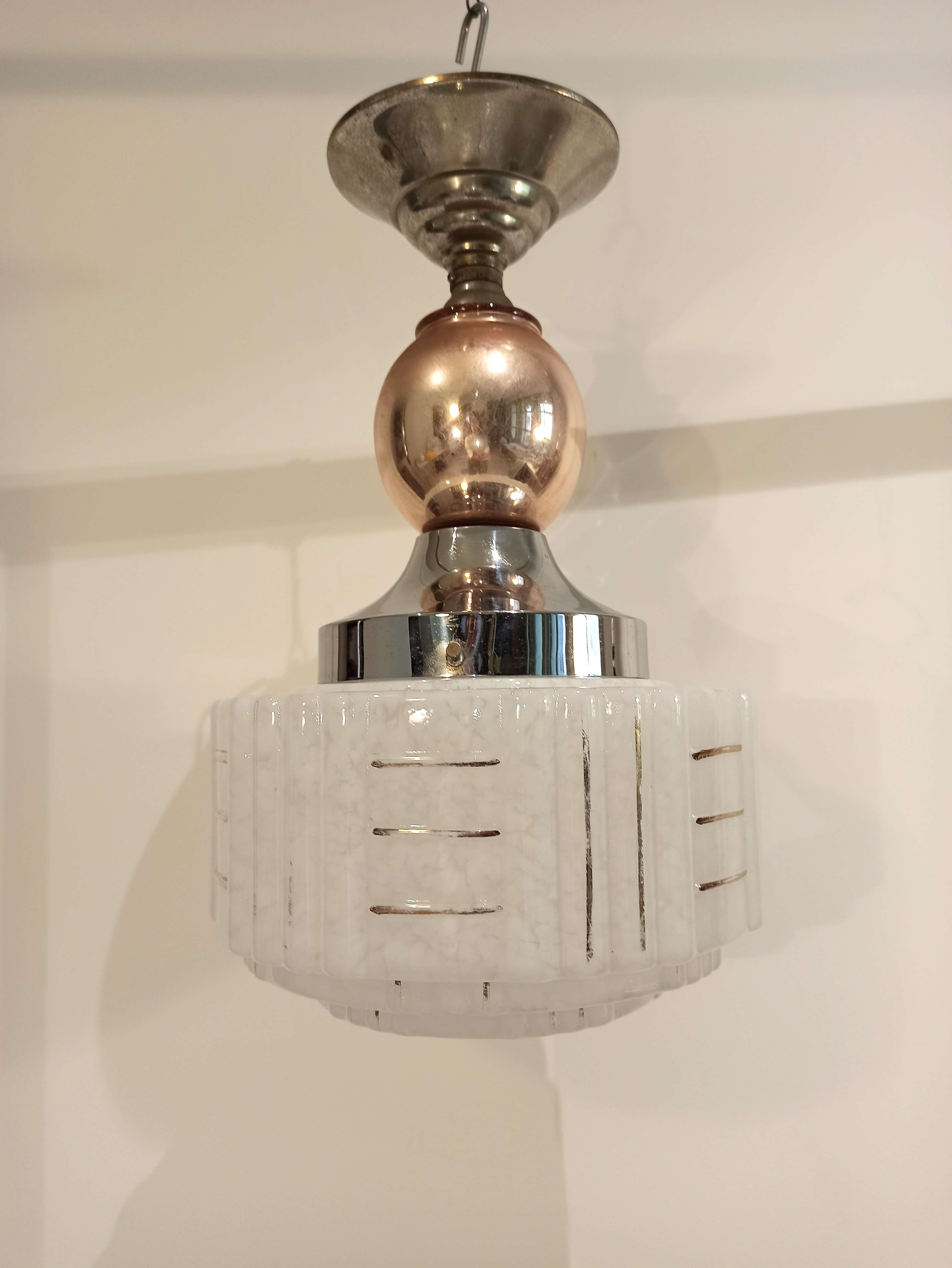Art deco chandelier white clichy glass chrome and copper