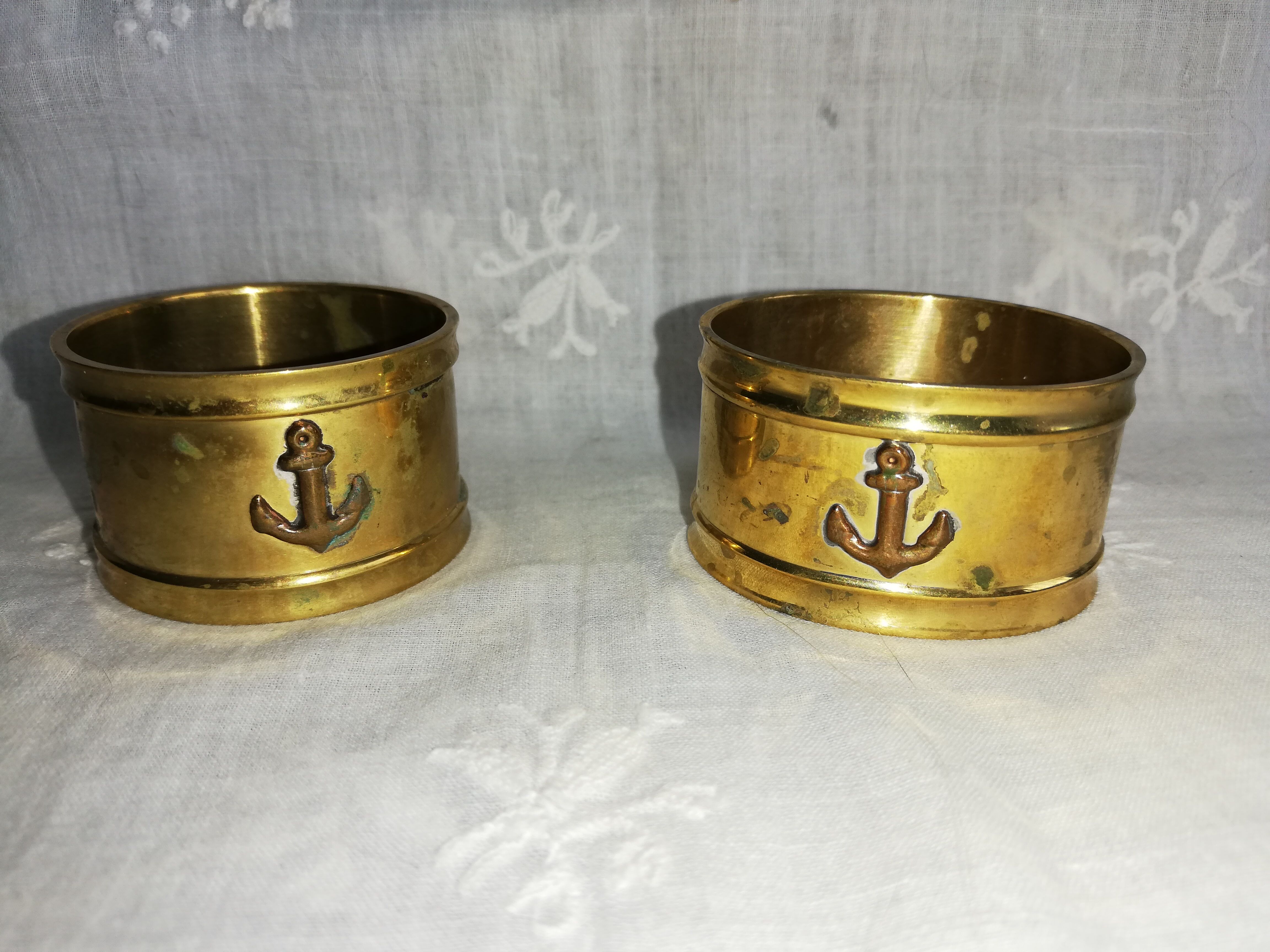 Pair of old towel rings "marine anchor" brass