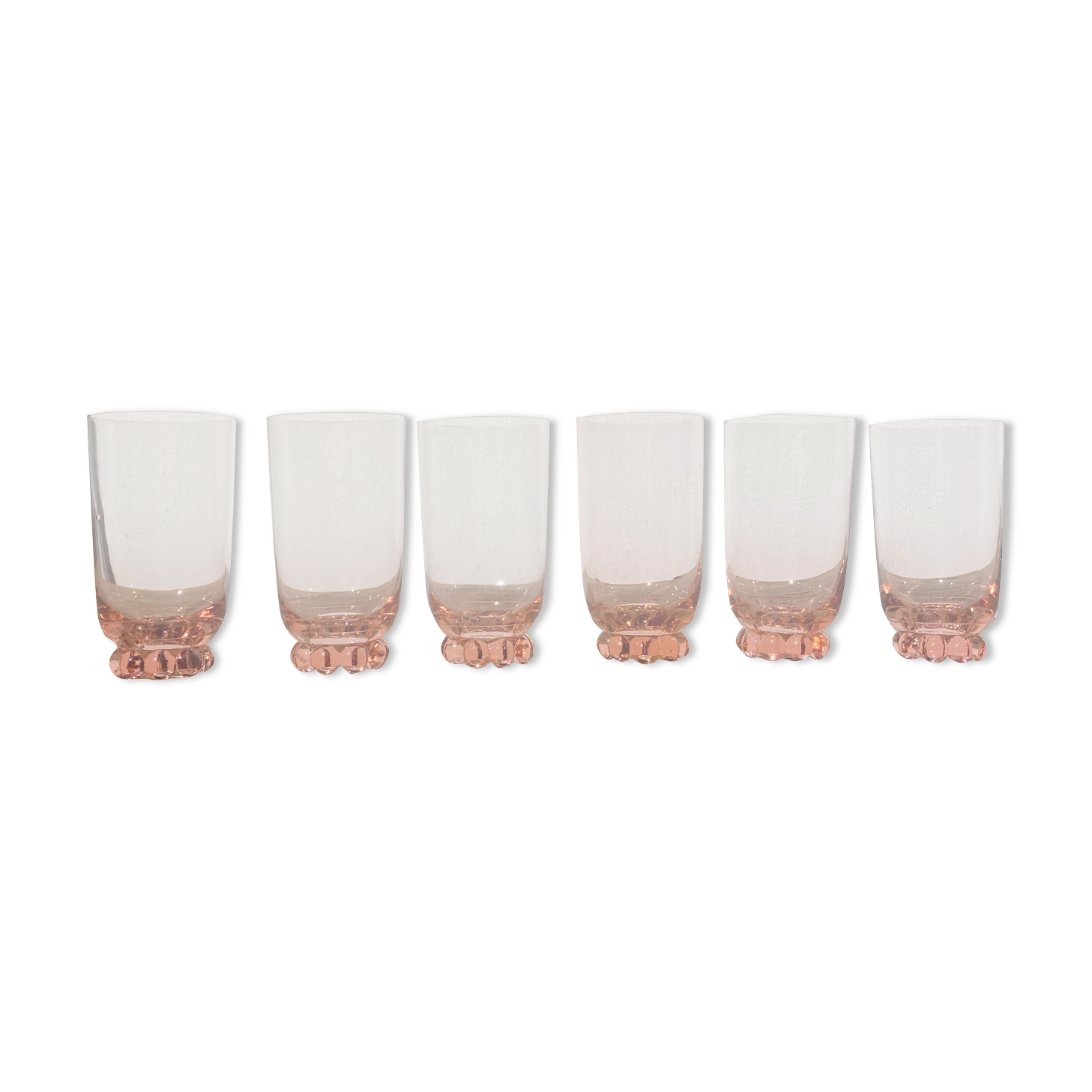 6 old pink crystal water glasses with balls