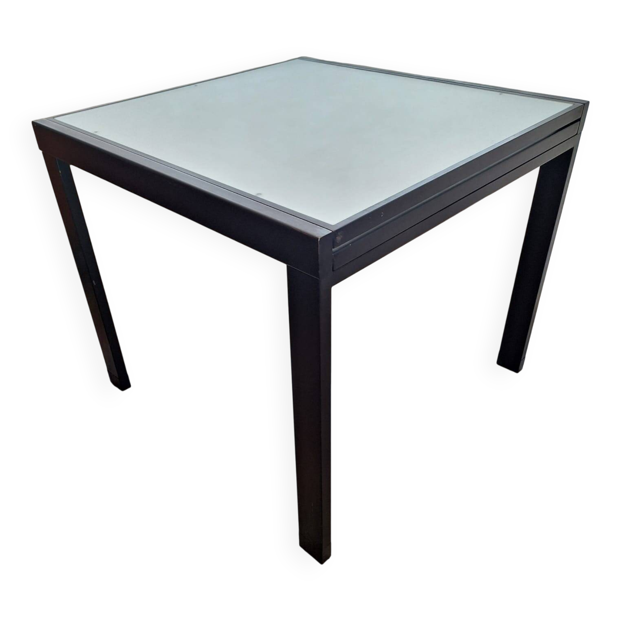 Italian metal table with frosted glass top, extendable.